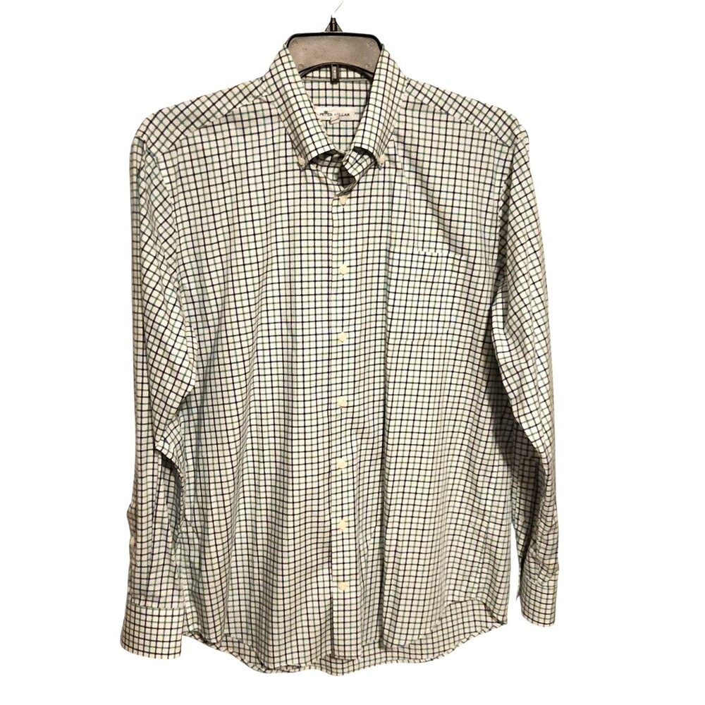 Peter Millar Button Down Shirt White Green Purple Tattersall Check Mens Size L